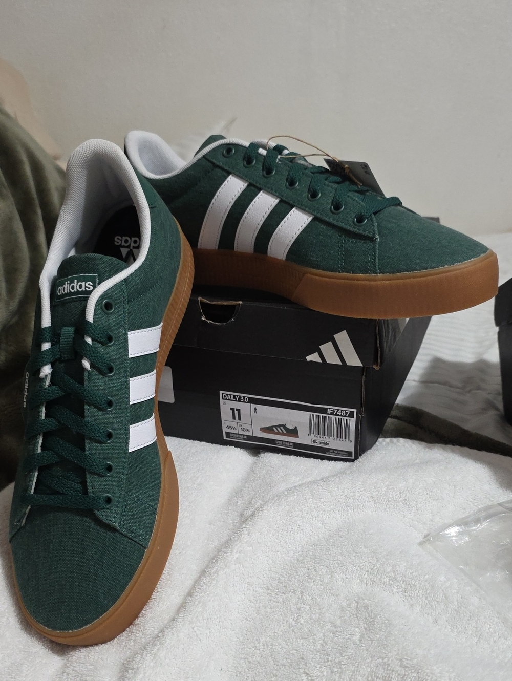 Adidas Collegiate Green Canvas Sneakers with White Stripes and Gum Sole NIB